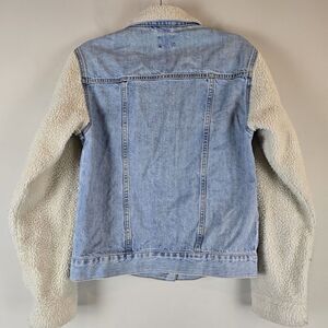 Urban Outfitters BDG‎ Jean Jacket Women M Faux Sheepskin Sleeves Denim.D181